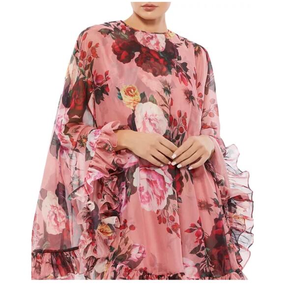 Mac Duggal Ruffled Cape Overlay Dress - Rose Multi - Size 10 - Picture 2 of 6